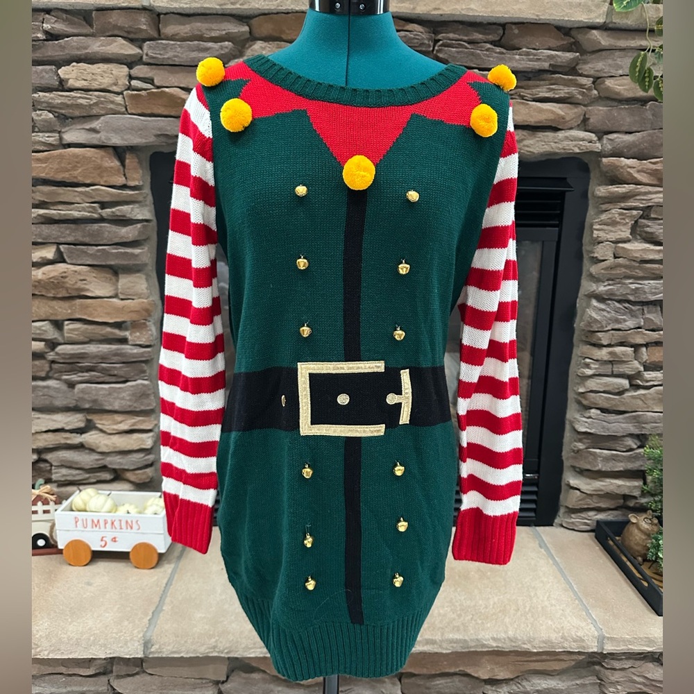 Holiday Elf Women's Sweater with Red and Green Stripes
W/ FREE CHRISTMAS SOCKS